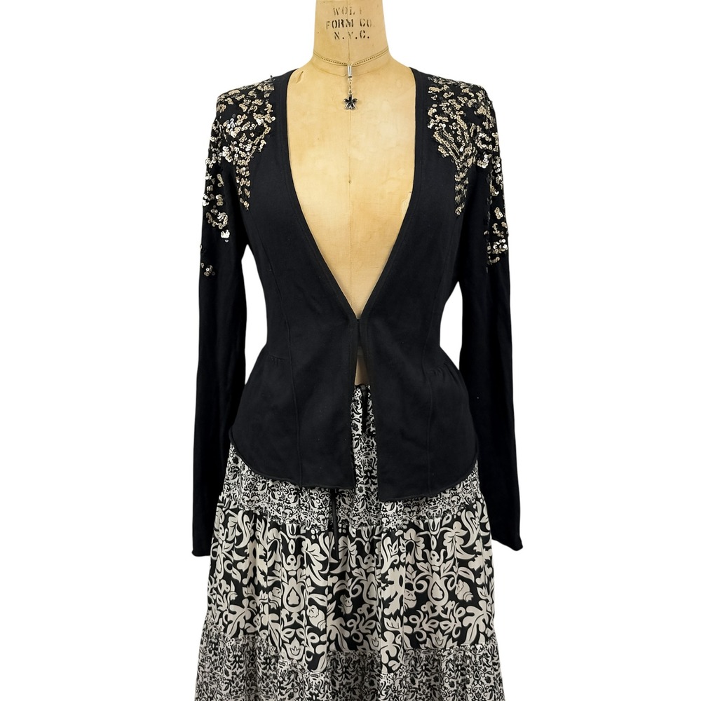 Y2K Cache Black Sequin Peplum Cardigan Gold Embellished Evening Glam Vintage M